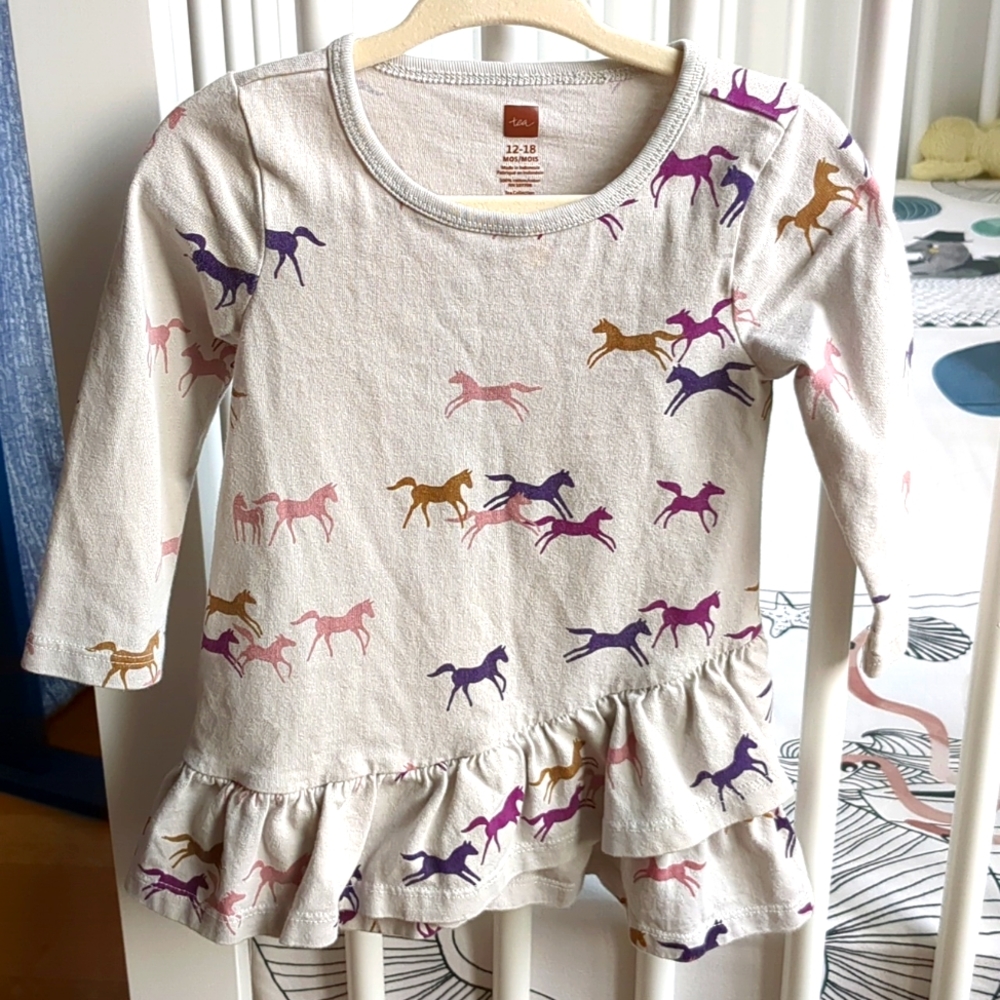 Tea Collection Horse Print Long Sleeve Ruffle Bottom Dress 12-18M